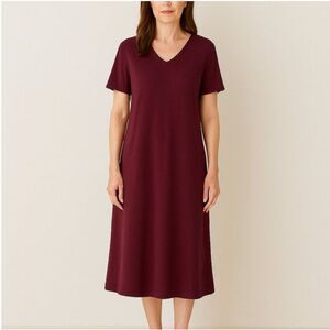 NWT J Jill Red Sangria Maroon Colored V Neck Cotton Blend T Shirt Dress Size LP